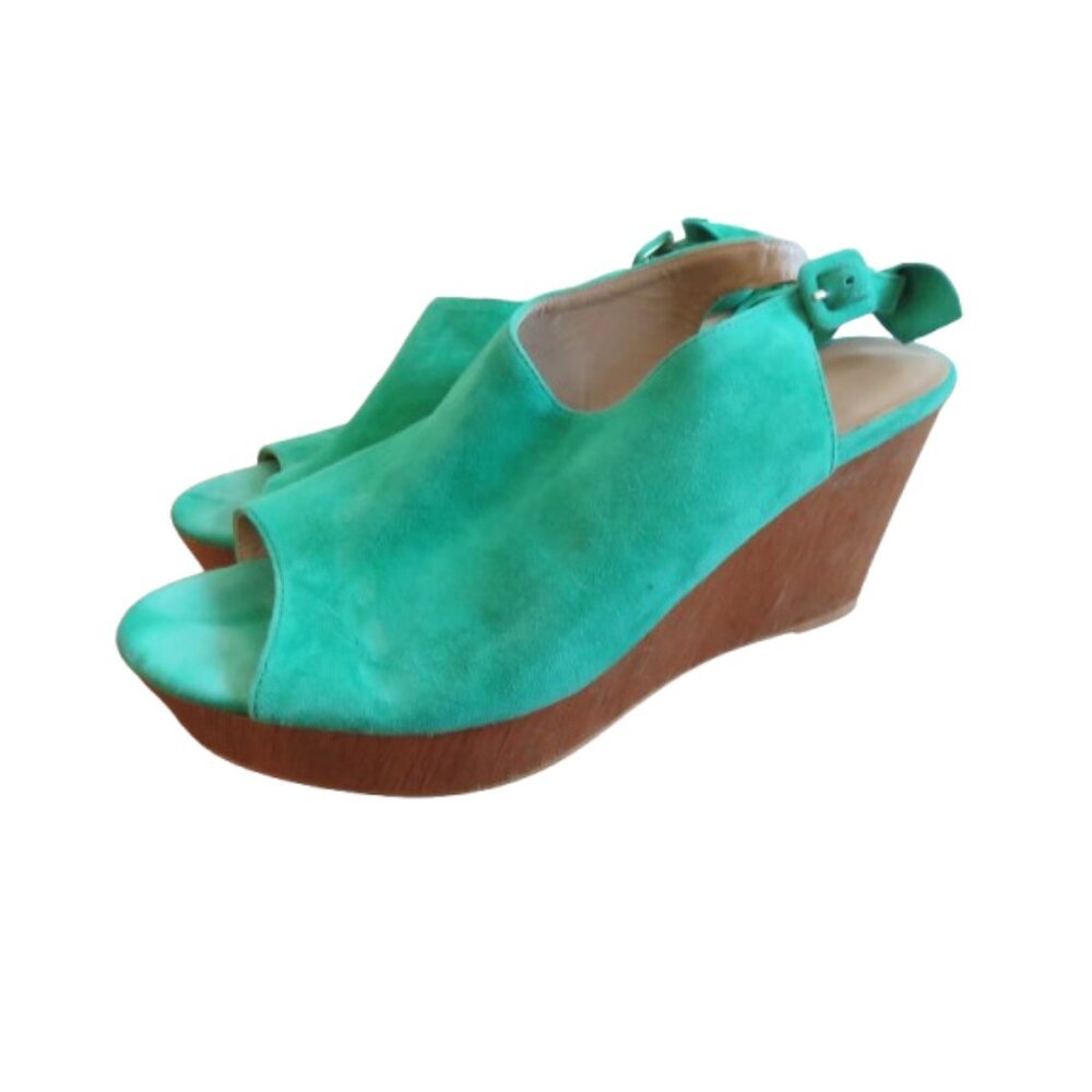 ANTHROPOLOGIE Bow Back Wooden Wedge Peeptoe Sandals in Kelly Green - Size US 10